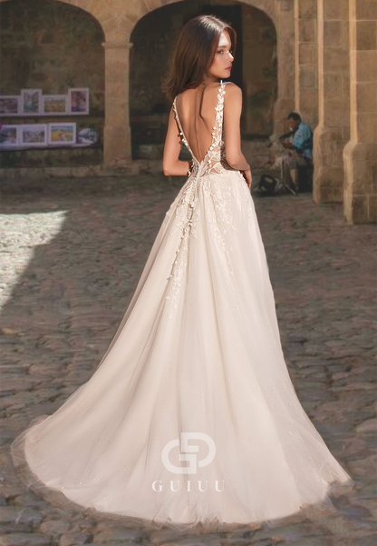 A-Line Plunging V-Neck Tulle Lace Appliques Wedding Dress with Straps