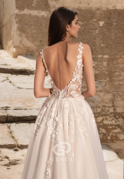 A-Line Plunging V-Neck Tulle Lace Appliques Wedding Dress with Straps