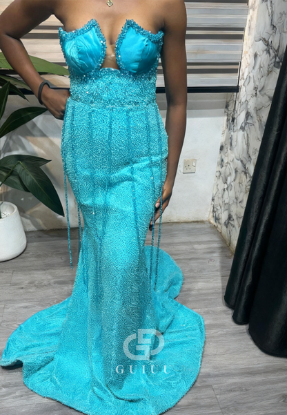 Pool Sleeveless Strapless Sequins Mermaid Prom Dress