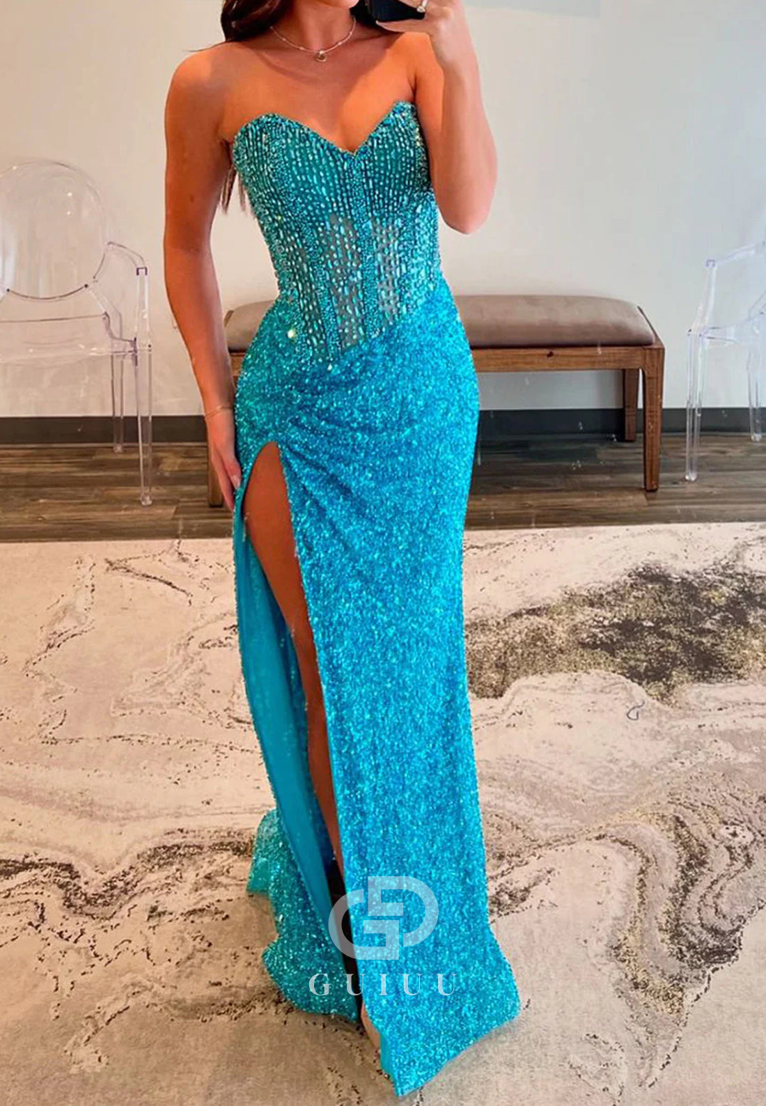 Pool Sleevelss Strapless Slit Sequins Prom Dress