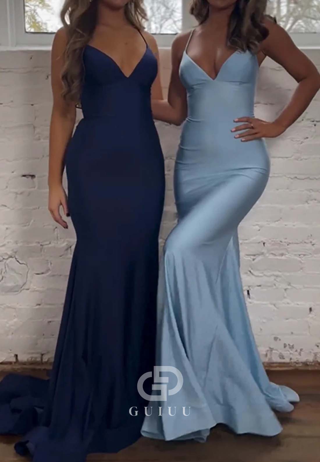 Pretty Mermaid Spaghetti Straps Lace Up Back Long Satin Prom Dress