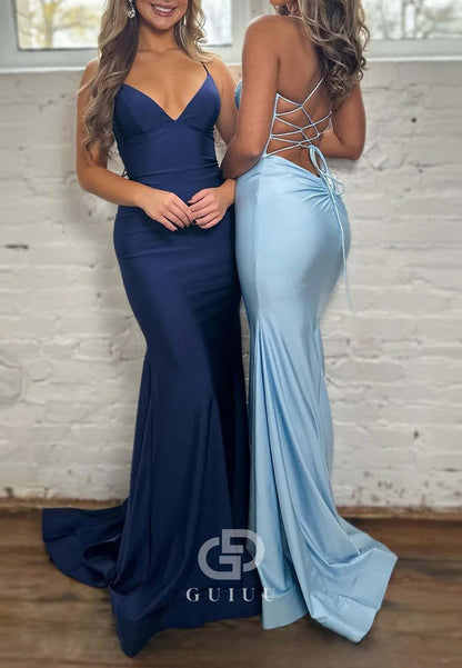 Pretty Mermaid Spaghetti Straps Lace Up Back Long Satin Prom Dress