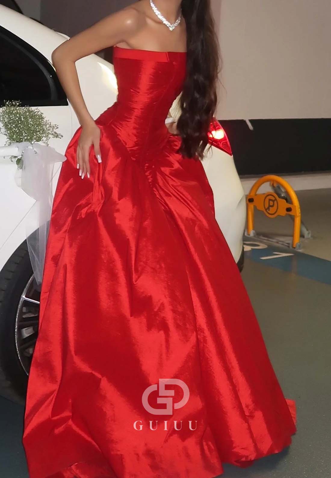 Princess A-Line Strapless Red Long Party Dress with Ruffles