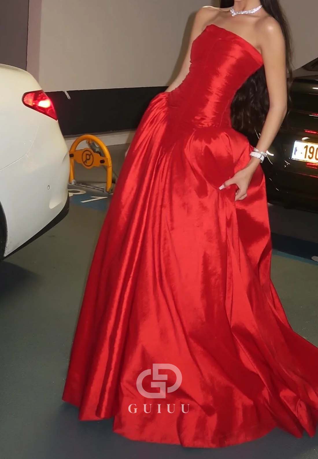 Princess A-Line Strapless Red Long Party Dress with Ruffles