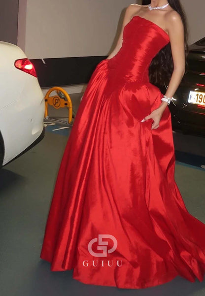 Princess A-Line Strapless Red Long Party Dress with Ruffles