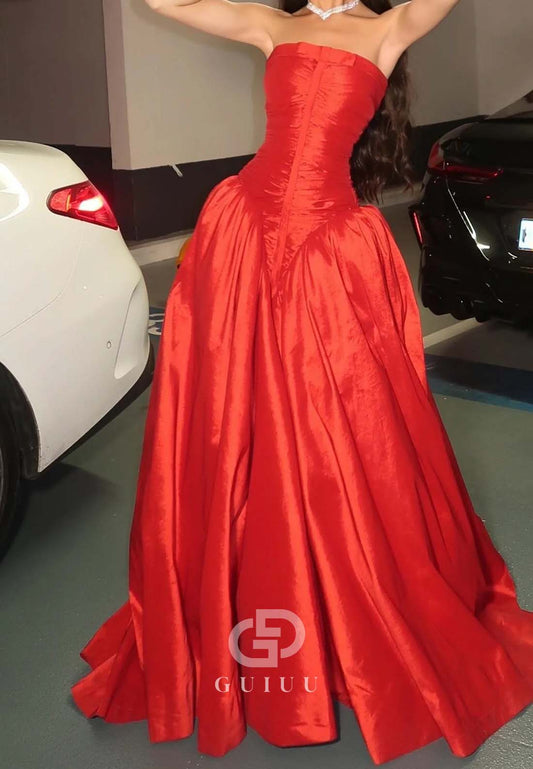 Princess A-Line Strapless Red Long Party Dress with Ruffles