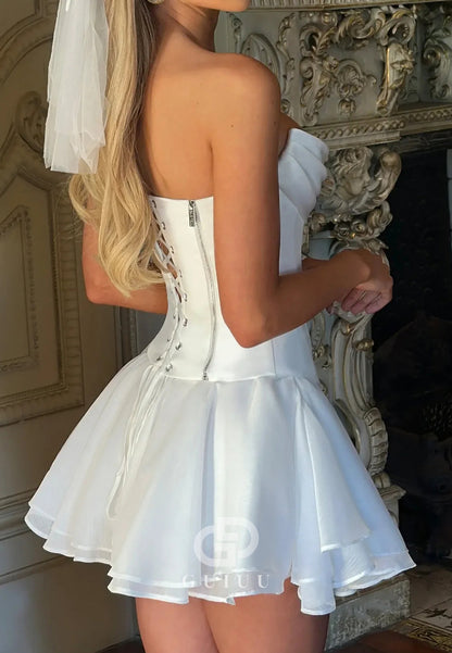 Princess A Line Strapless White Satin Short Homecoming Dress with Ruched