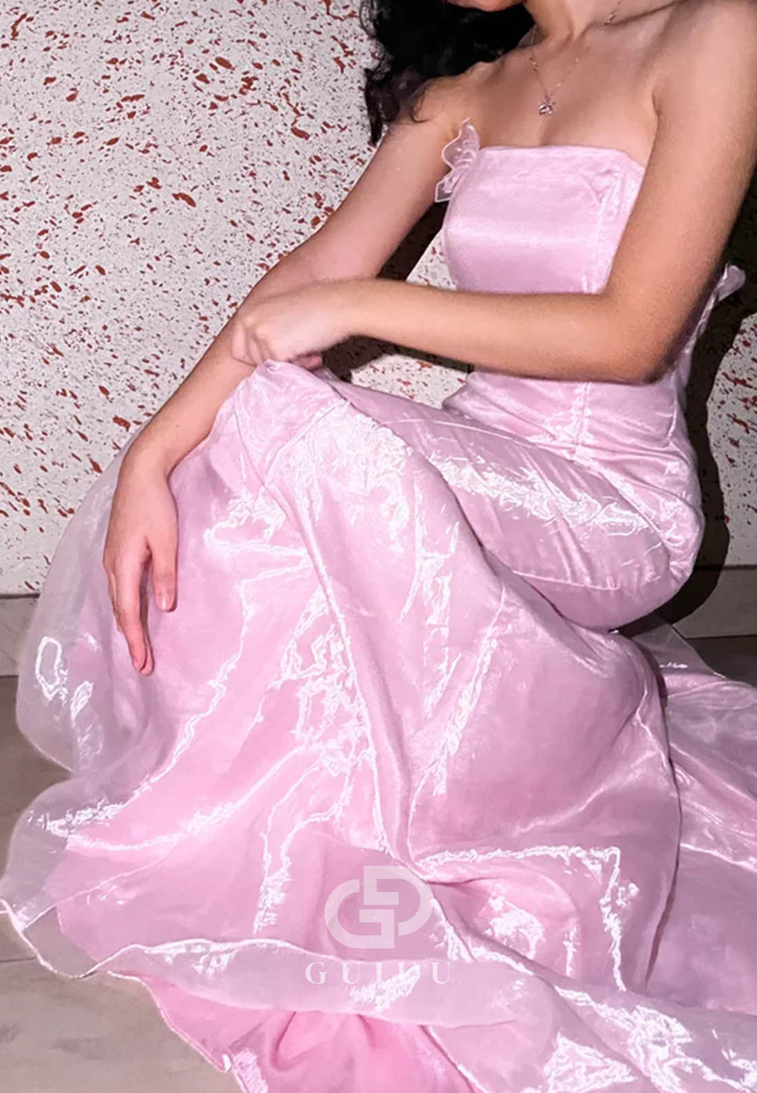 Princess Mermaid Strapless Pink Long Prom Dress with Ruffles