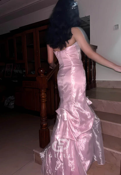 Princess Mermaid Strapless Pink Long Prom Dress with Ruffles