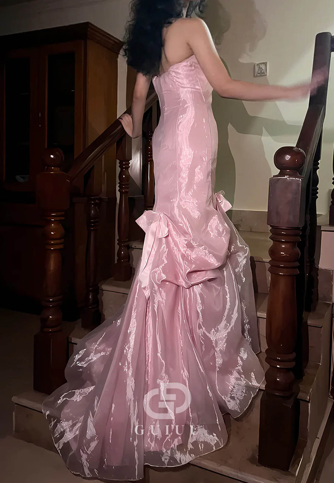 Princess Mermaid Strapless Pink Long Prom Dress with Ruffles