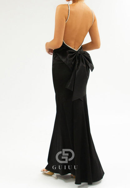 Spaghetti Straps Scoop Prom Dress with Bowknot Backless Evening Party Dress