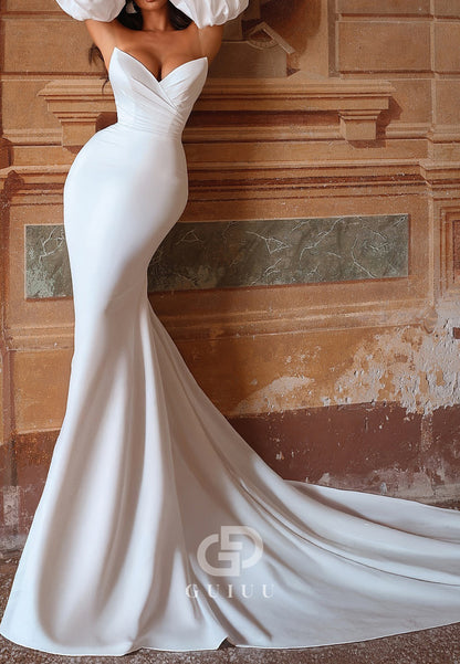 Puff Sleeves V-Neck Corset Mermaid Wedding Dress