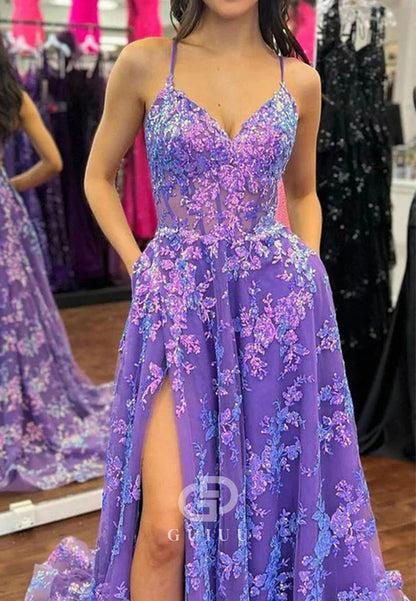 Purple A Line Spaghetti Straps V-Neck Lace Appliques Prom Dress with Slit