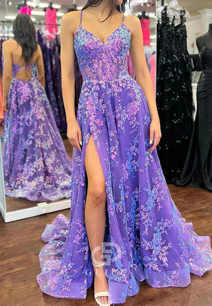 Purple A Line Spaghetti Straps V-Neck Lace Appliques Prom Dress with Slit
