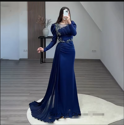 G3531 - Classic & Timeless Sheath Bateau Illusion Beaded & Sequined Long Sleeves Draped Floor-Length Party Gown Prom Dress With Sweep Train