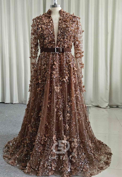 Cabernet Long Sleeves V-Neck A-Line Appliques Evening Dress