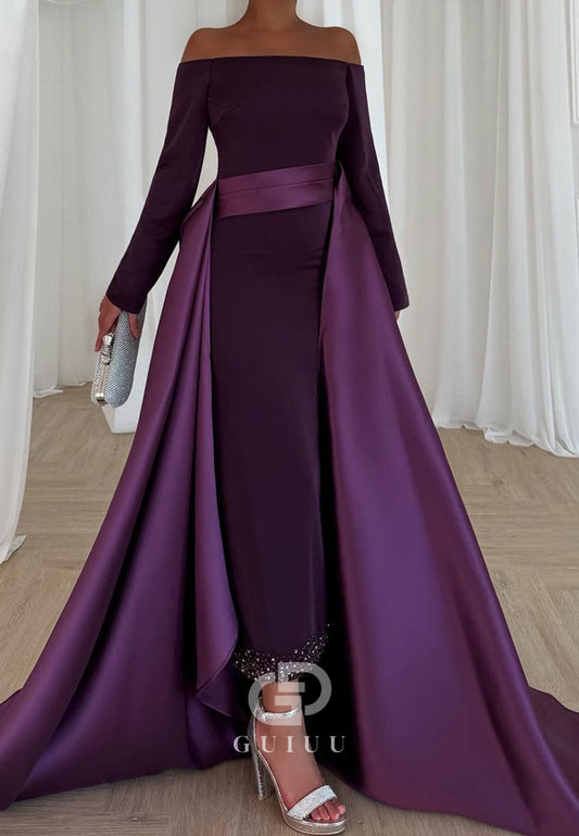 Raspberry A-Line Long Sleeves Scoop Evening Dress