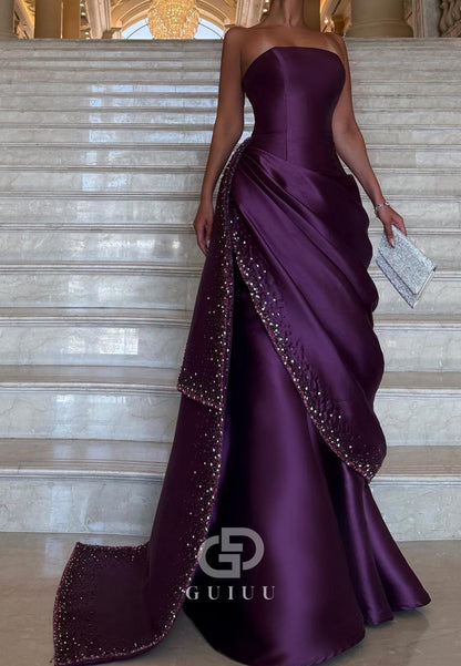 Raspberry A-Line Strapless Sleeveless Ruched Evening Dress