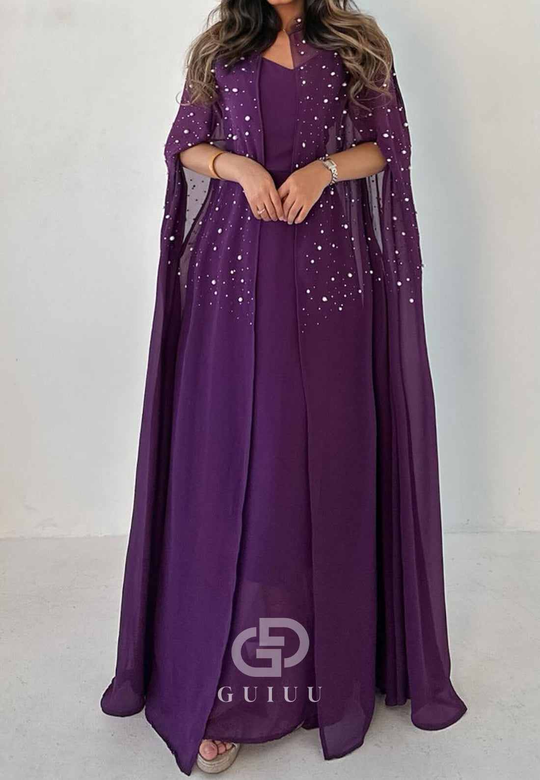 Raspberry Cape Scoop Sequins Chiffon Evening Dress