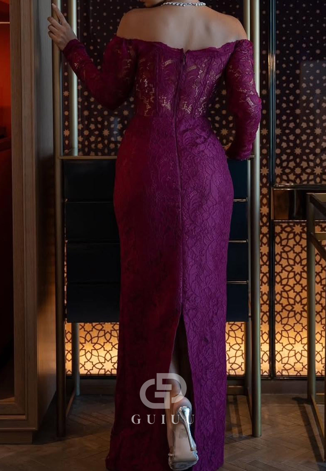 Raspberry Long Sleeves Off-Shoulder Lace Evening Dress