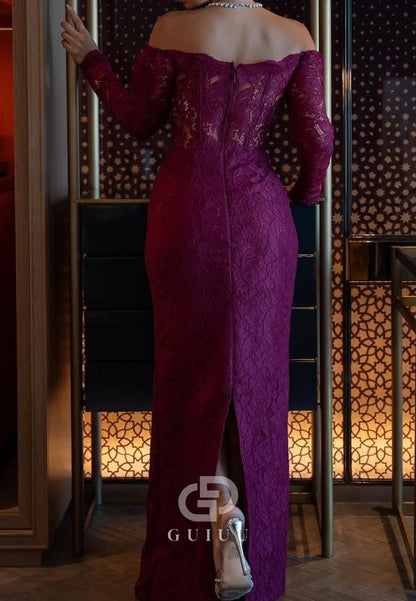 Raspberry Long Sleeves Off-Shoulder Lace Evening Dress