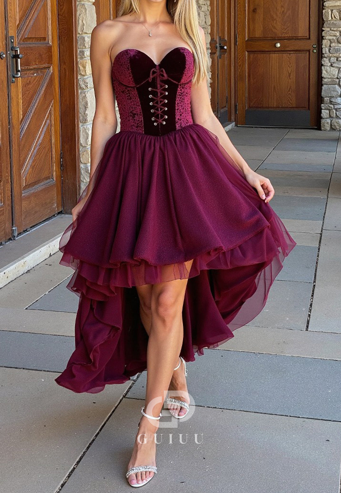 Raspberry Strapless Sleeveless High Low Homecoming Dress