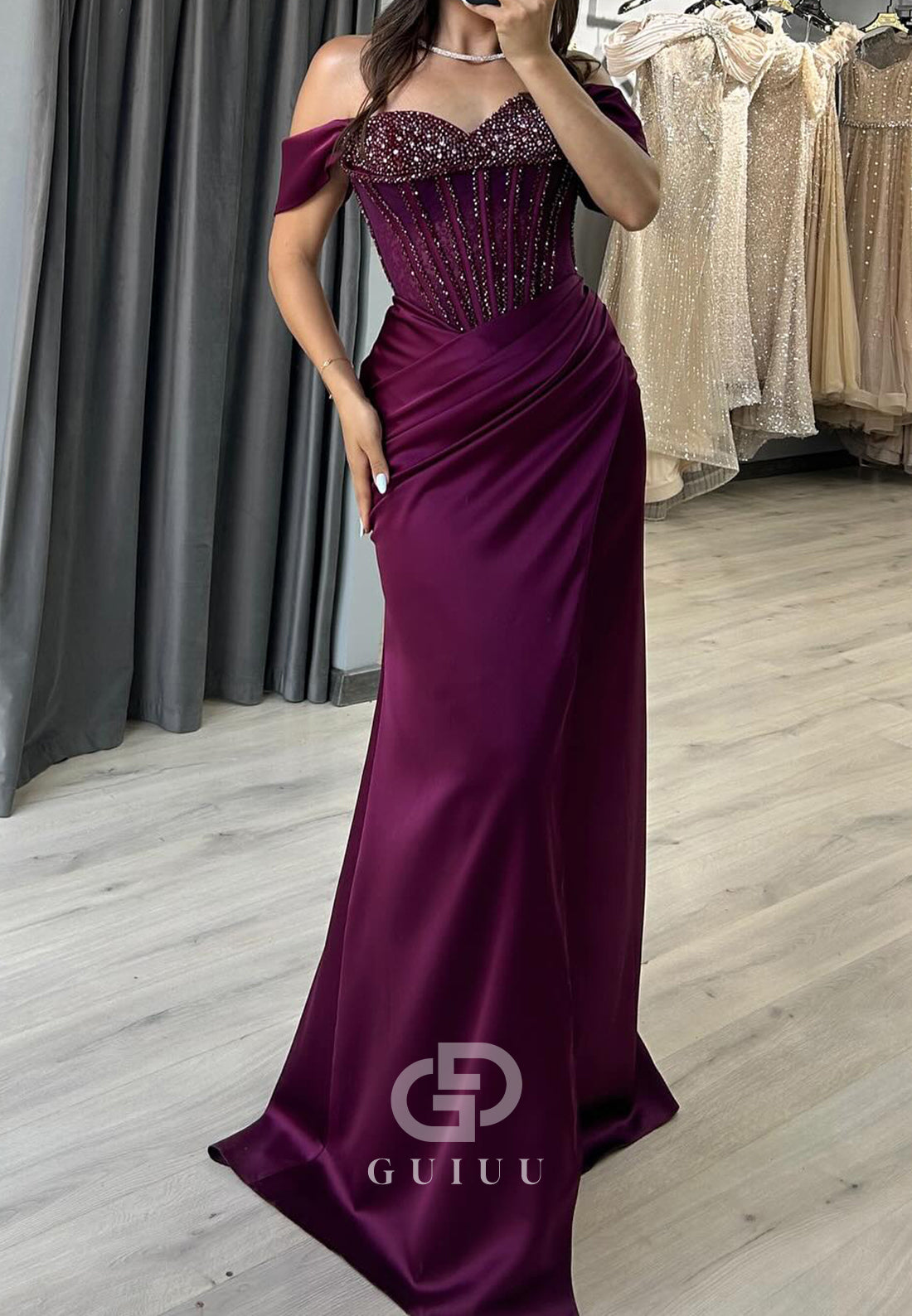 Raspberry Sweetheart Sleeveless Sequins Ruched Prom Dress