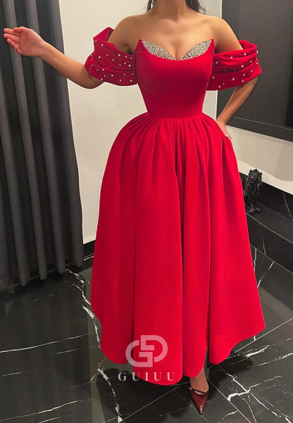 Red A-Line Off-Shoulder Beads Evening Dress