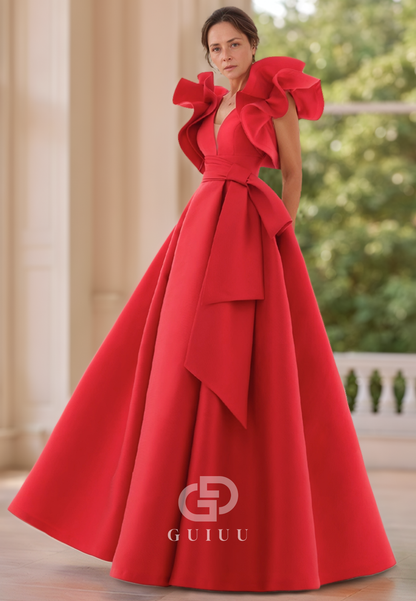 Red A-Line Spaghetti Straps V-Neck Backless Ruched Royal Mother of the Bride Dress