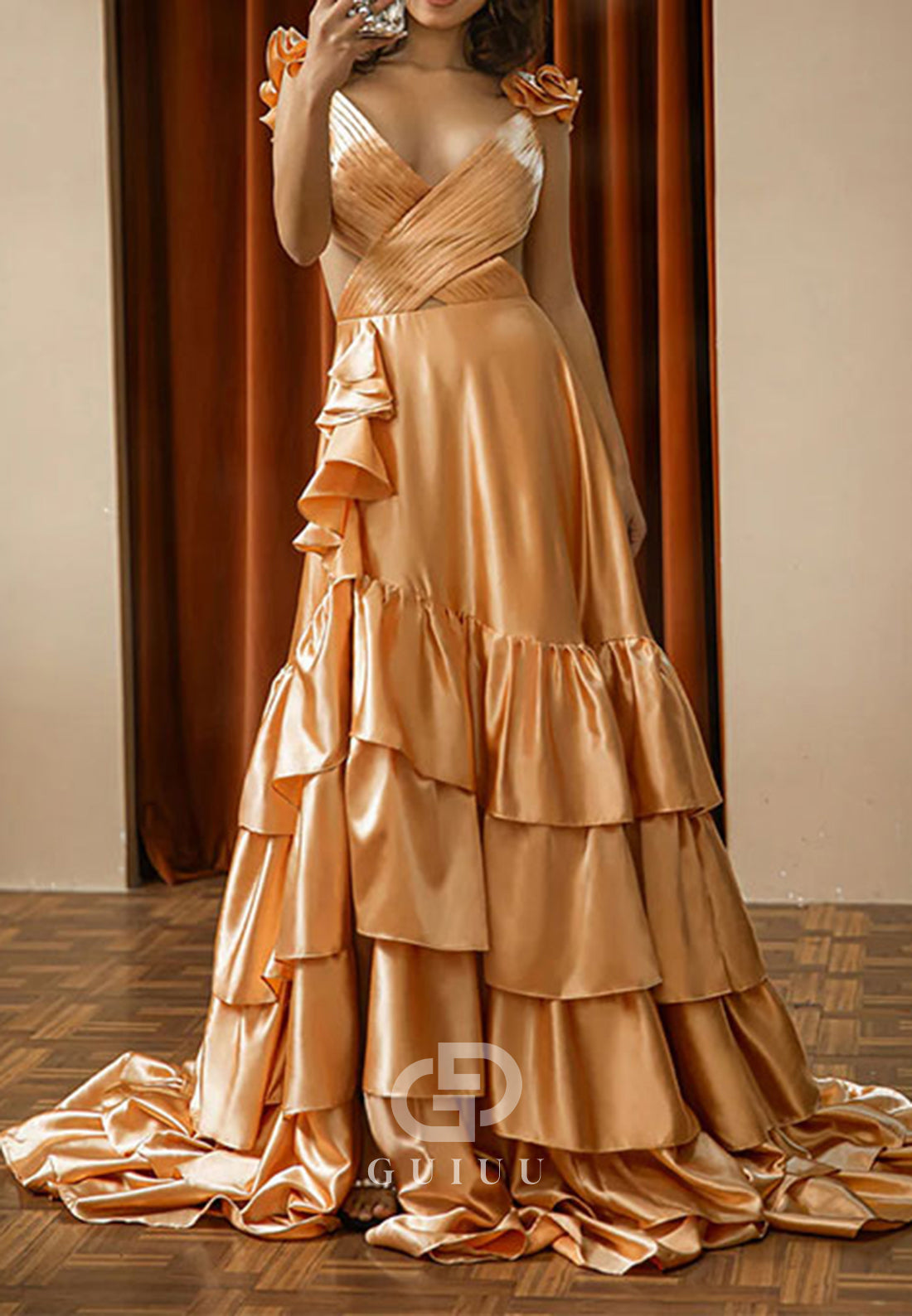 A-Line Spaghetti Straps V-Neck Ruffles Prom Dress with Slit