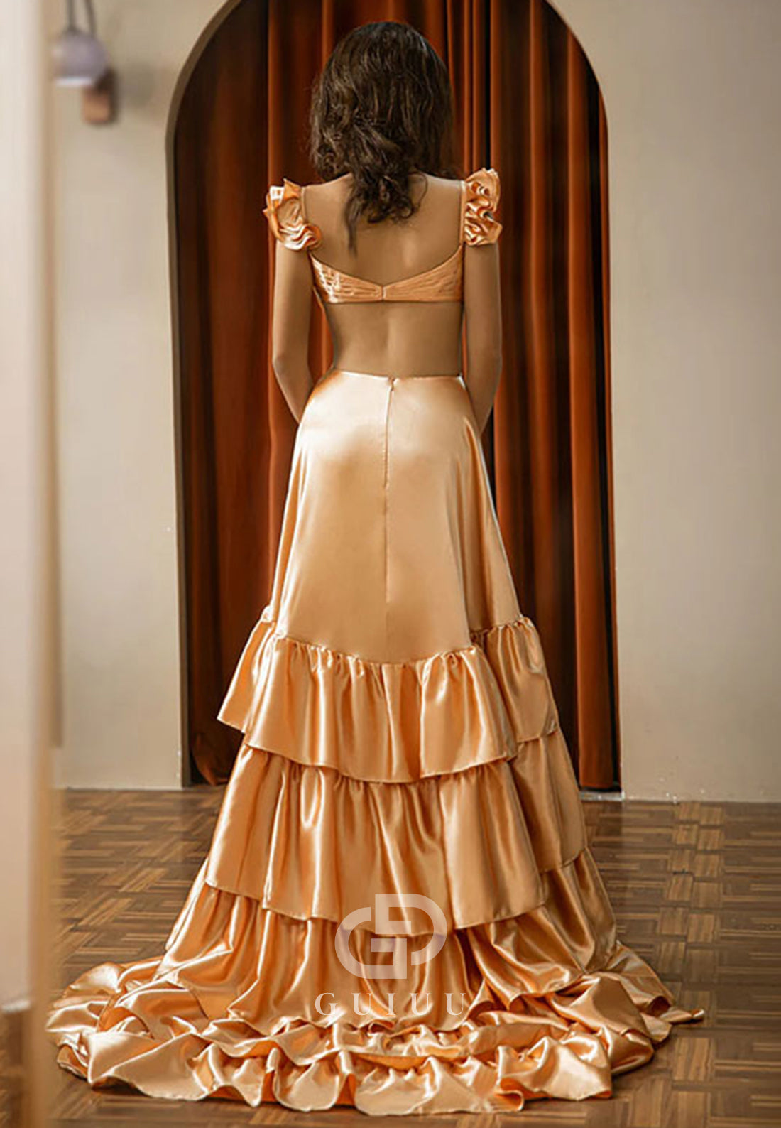 A-Line Spaghetti Straps V-Neck Ruffles Prom Dress with Slit