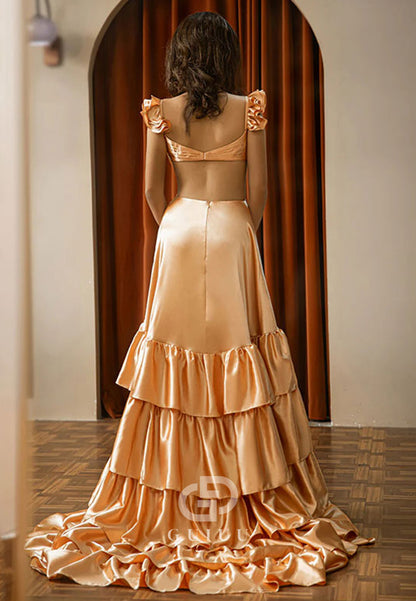 A-Line Spaghetti Straps V-Neck Ruffles Prom Dress with Slit