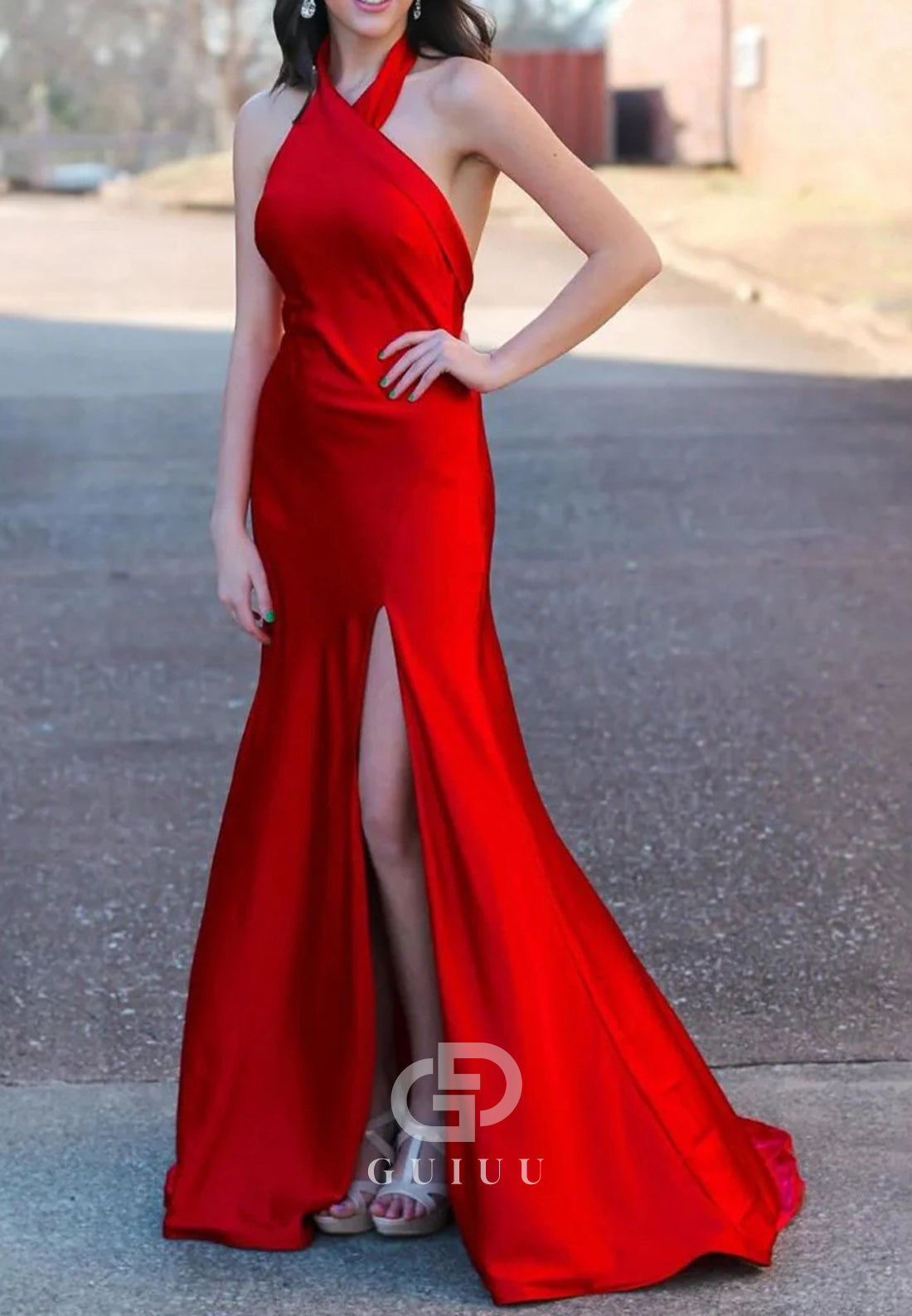 Red Halter Sleeveless Satin Mermaid Long Prom Dress With Slit