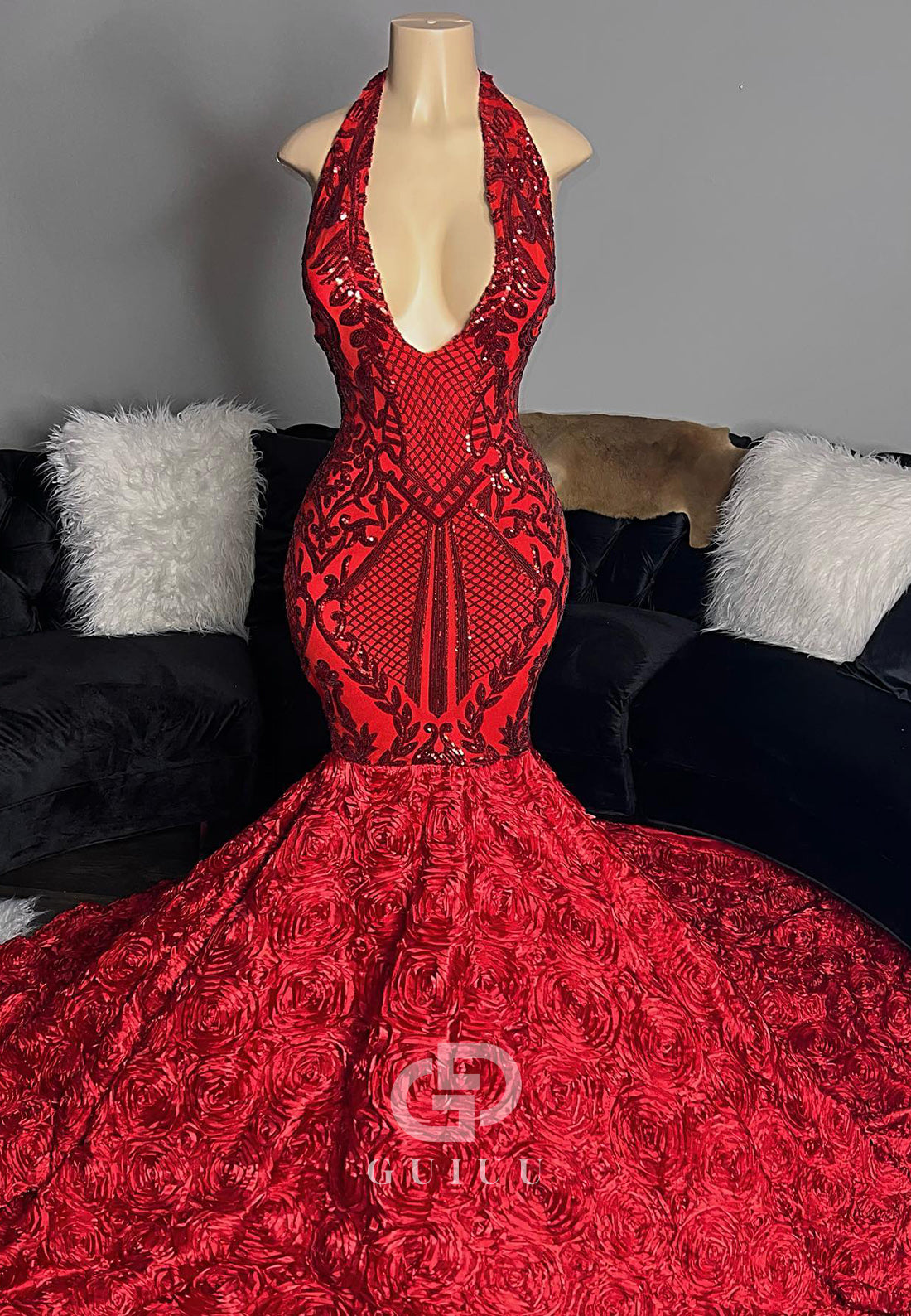 Red Halter Sleeveless Backless Mermaid Prom Dress for Black Girl