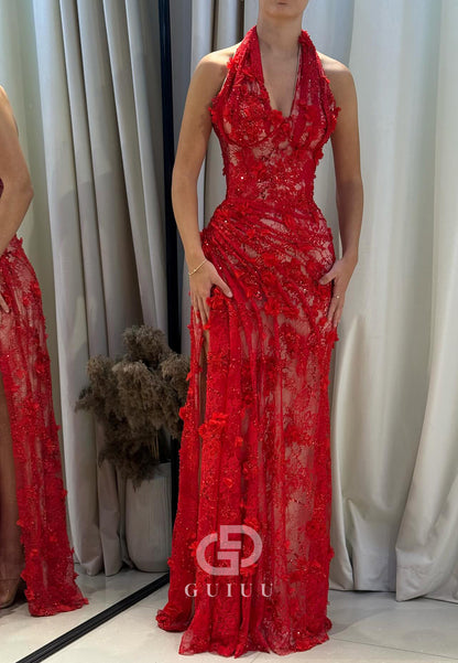 Red Halter Sleeveless Floral Appliques A-Line Prom Dress
