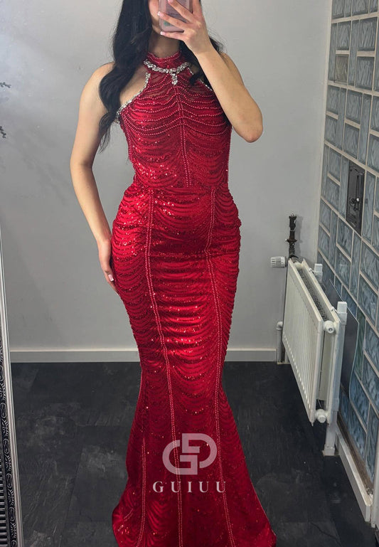 Red Halter Sleeveless Pearls Sheath Prom Dress