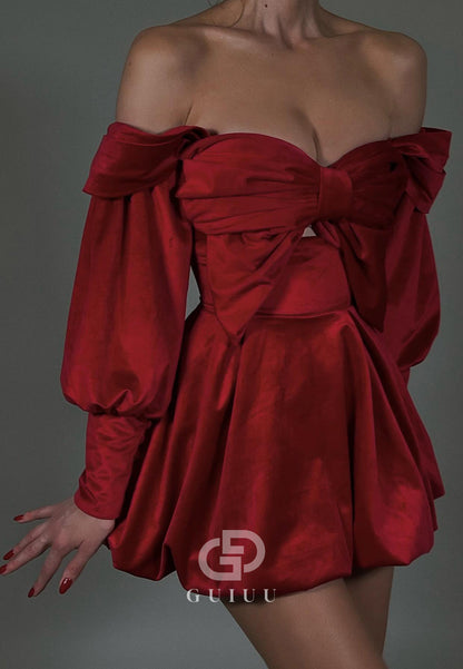 Red Long Sleeves Off-Shoulder Ruched Short Homecoming Dress