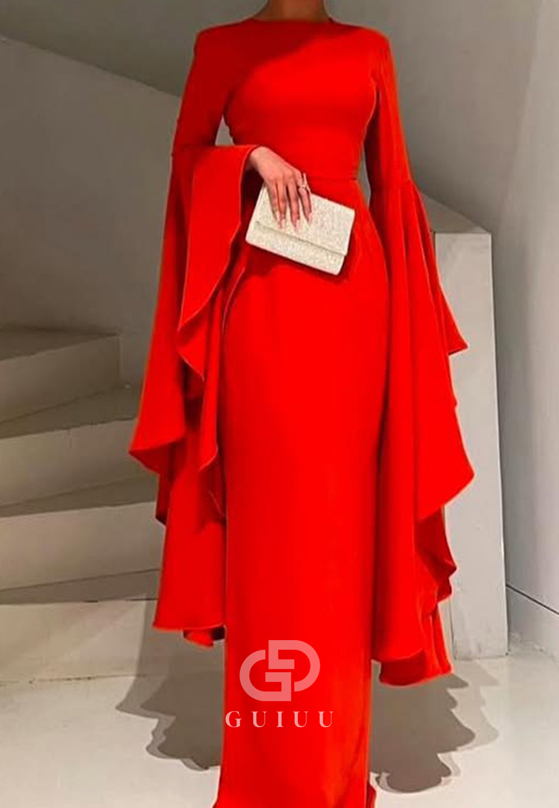 Red Long Sleeves Scoop Corset Sheath Evening Dress