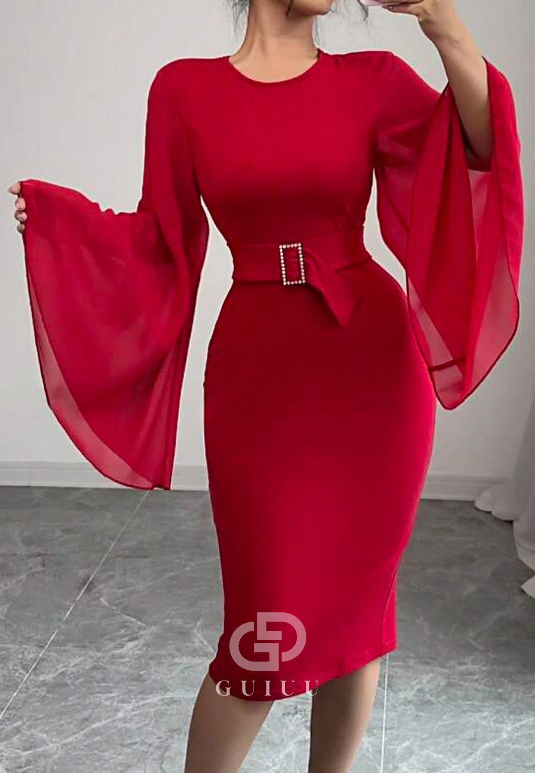 Red Long Sleeves Scoop Knee-Length Chiffon Evening Dress