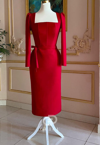 Red Long Sleeves Square Ruched Satin Evening Dress