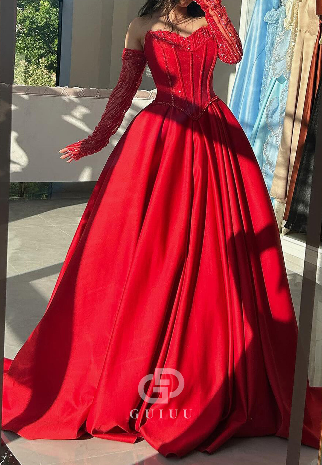 Red Long Sleeves Sweetheart Beads A-Line Prom Dress