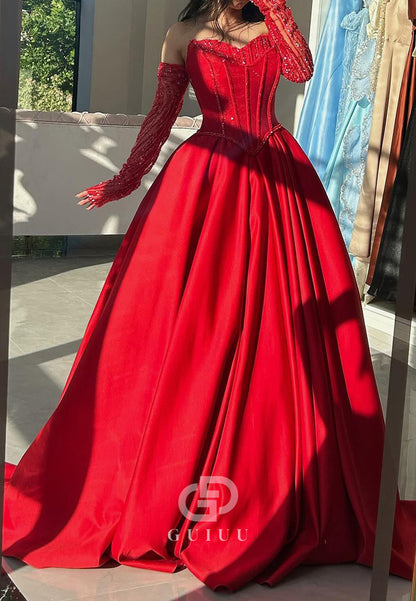 Red Long Sleeves Sweetheart Beads A-Line Prom Dress
