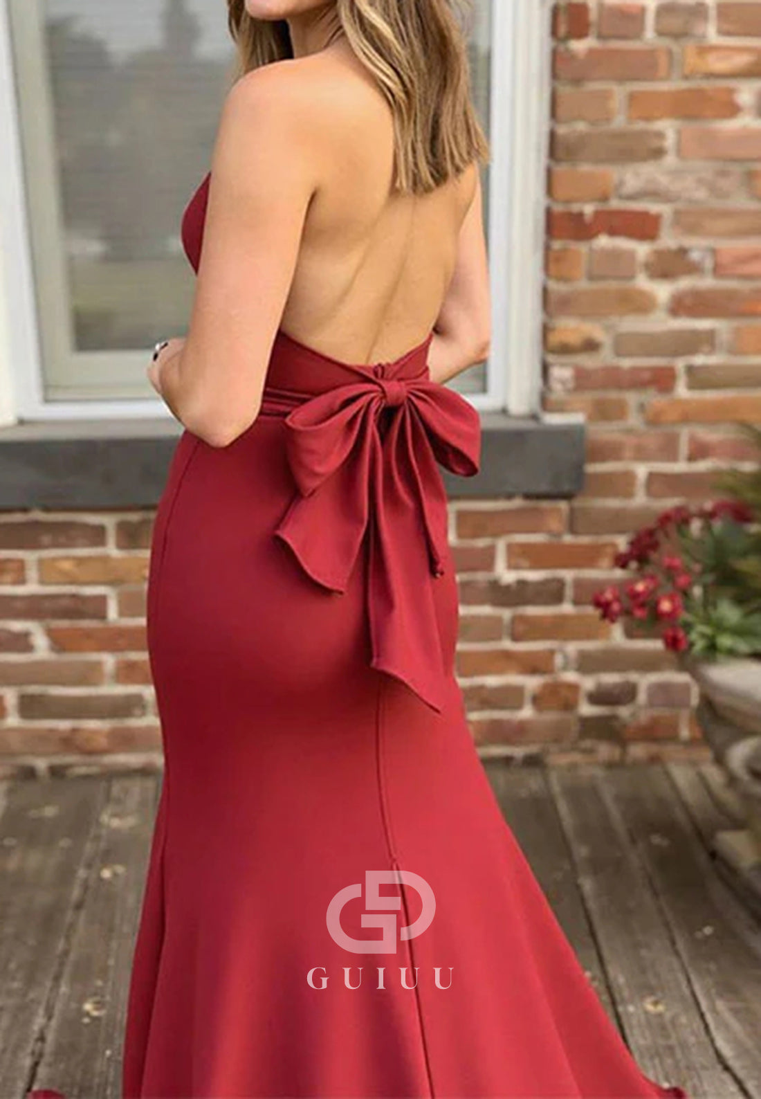 Red Mermaid Deep V Neck Satin Long Prom Dress with Bow