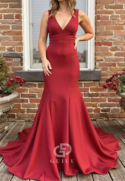 Red Mermaid Deep V Neck Satin Long Prom Dress with Bow
