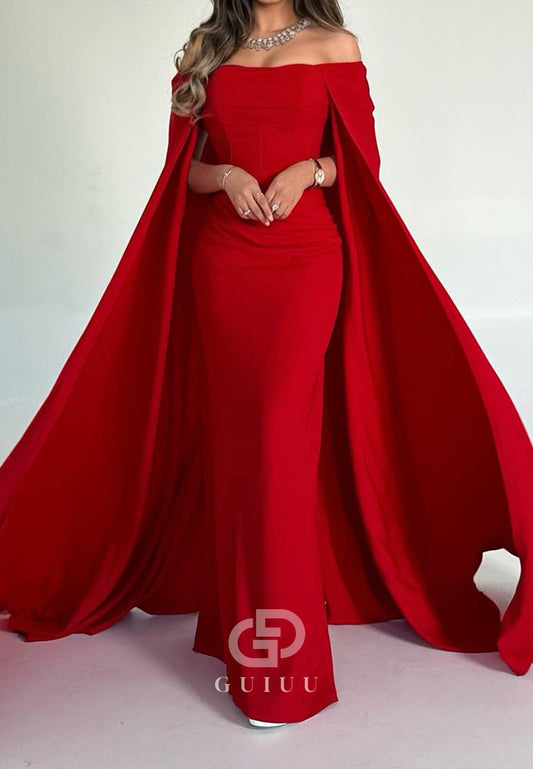 Red Off-Shoulder Long Sleeves Sheath Satin Evening Dress