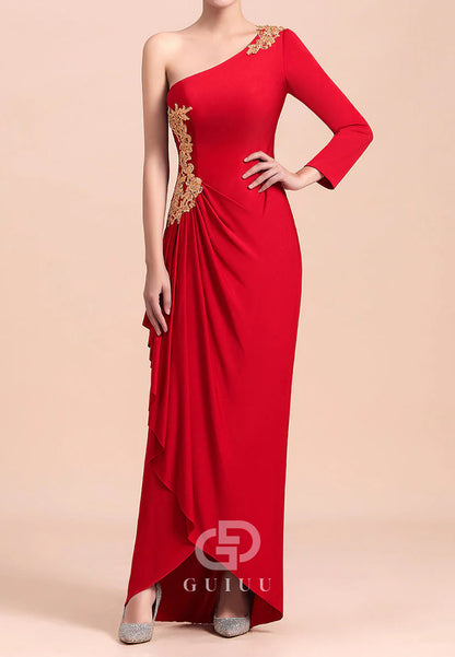 Red One Shoulder Long Sleeves Appliques Mother of the Bride Dress