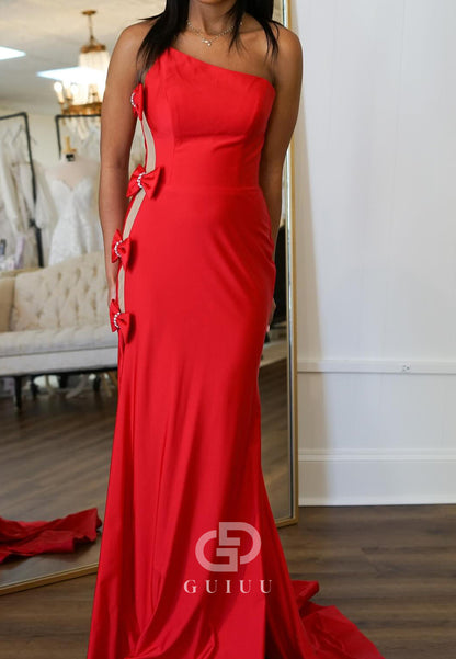 Red One Shoulder Sleeveless Bowknot Slit Prom Dress