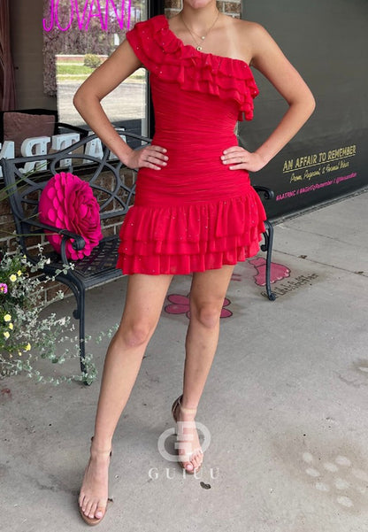 Red One Shoulder Sleeveless Ruched Mini Homecoming Dress