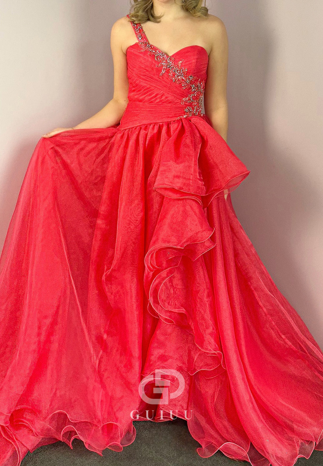 Red One Shoulder Sleeveless Strapless Ruffles Prom Dress