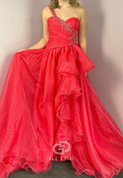 Red One Shoulder Sleeveless Strapless Ruffles Prom Dress